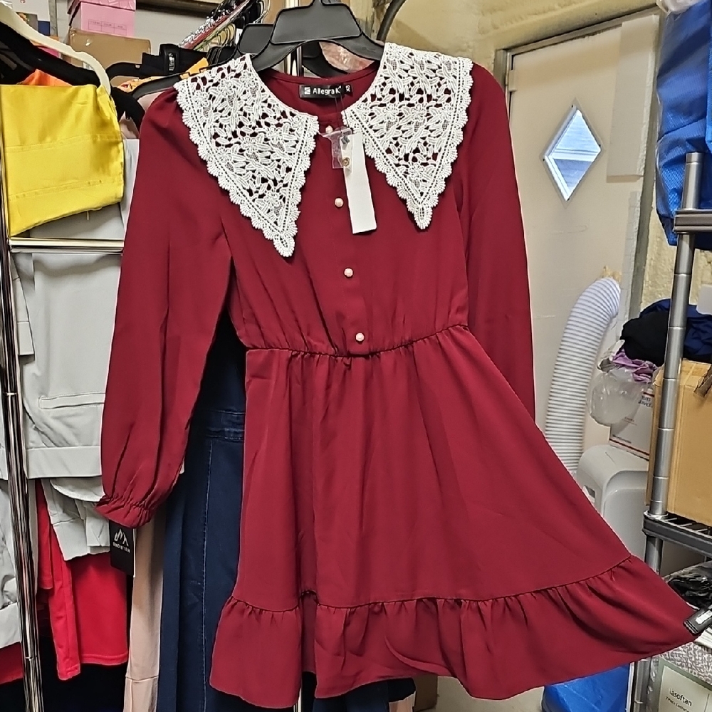 Nwt Burgundy Dress with White Lace Collar #139